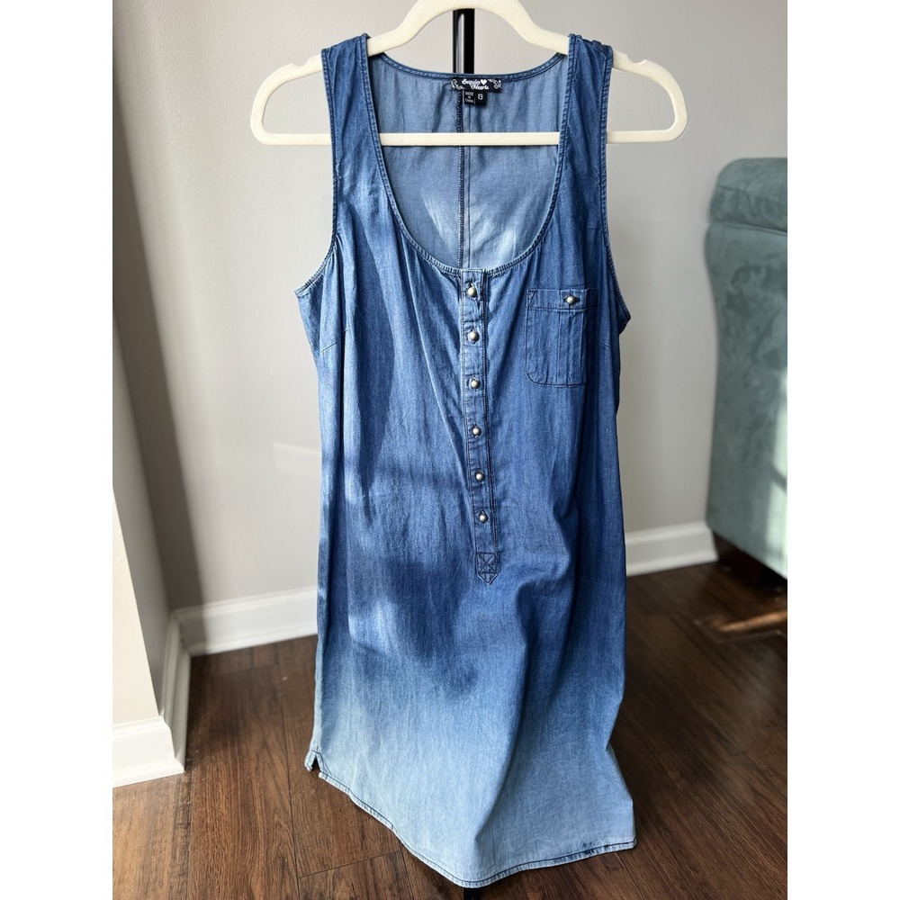 Ombré 100% Cotton Faux Denim Dress With Silver Accents Sequin Hearts Size Large